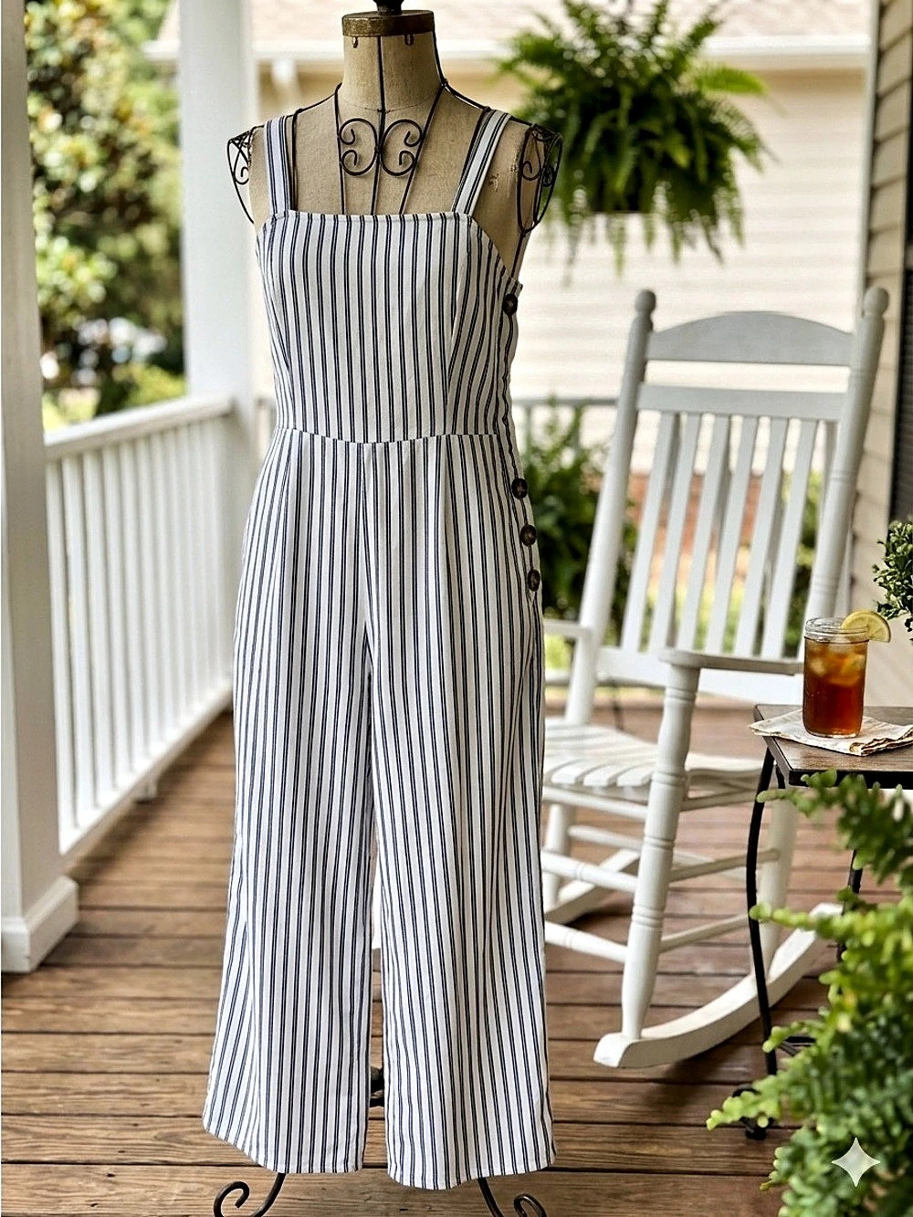 Old Navy Striped Button-Front Jumpsuit White & Blue Large